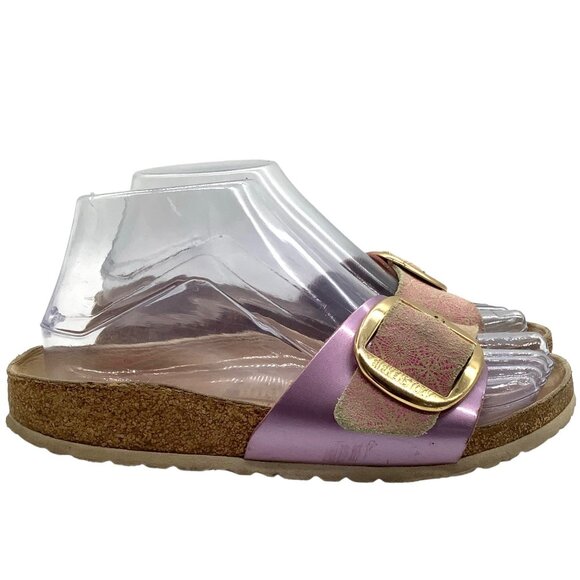 Birkenstock Madrid Gold Big Buckle Sandals 5 36 Pink Print Single Strap Slide - Picture 5 of 12